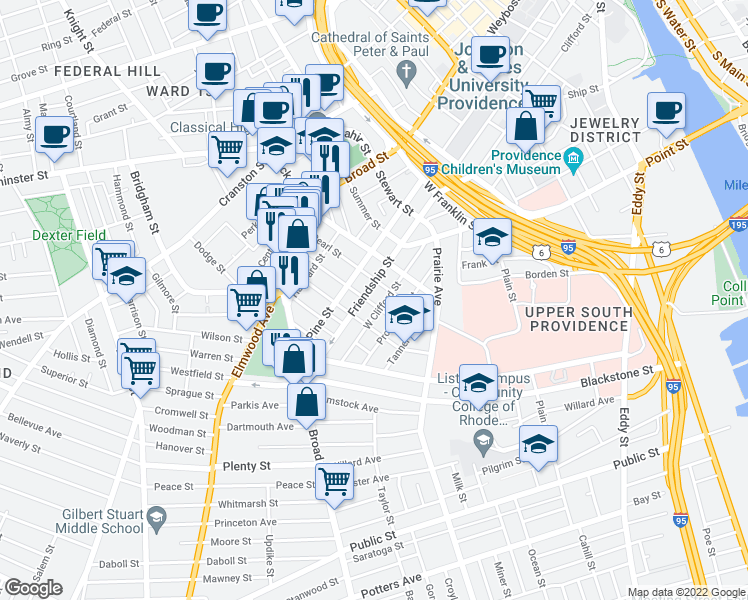 map of restaurants, bars, coffee shops, grocery stores, and more near 64 Portland Street in Providence