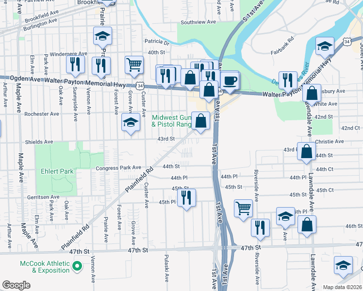 map of restaurants, bars, coffee shops, grocery stores, and more near 8639 Plainfield Rd in Lyons