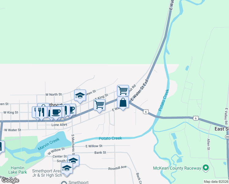 map of restaurants, bars, coffee shops, grocery stores, and more near 600 East King Street in Smethport