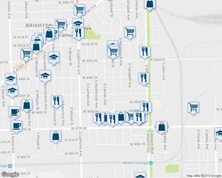 map of restaurants, bars, coffee shops, grocery stores, and more near 4442 South Rockwell Street in Chicago