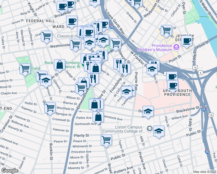 map of restaurants, bars, coffee shops, grocery stores, and more near 460 Pine Street in Providence