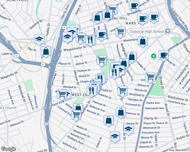 map of restaurants, bars, coffee shops, grocery stores, and more near 28 Wood Street in Providence