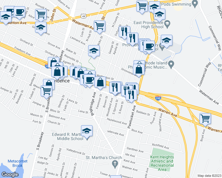 map of restaurants, bars, coffee shops, grocery stores, and more near 51 Abby Street in East Providence