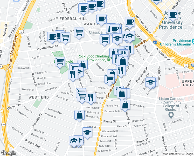 map of restaurants, bars, coffee shops, grocery stores, and more near 60 Bridgham Street in Providence