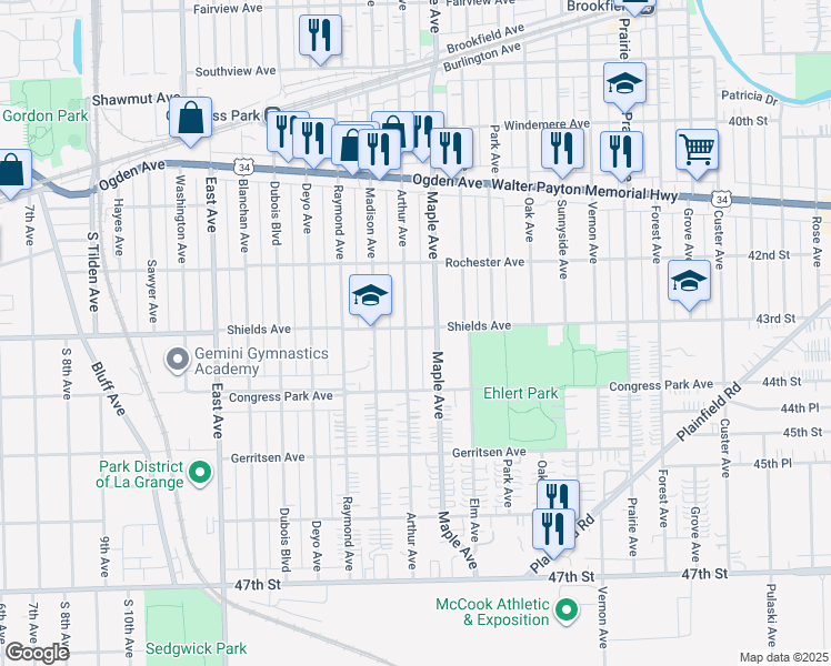 map of restaurants, bars, coffee shops, grocery stores, and more near 9219 Shields Avenue in Brookfield