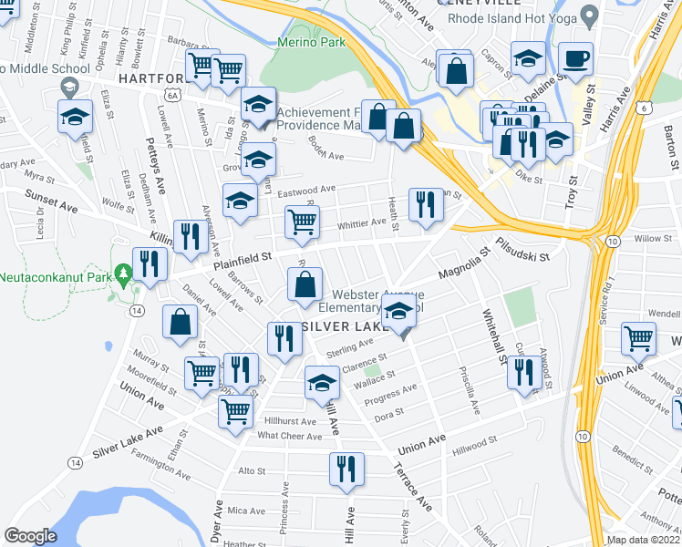 map of restaurants, bars, coffee shops, grocery stores, and more near 33 Viola Street in Providence