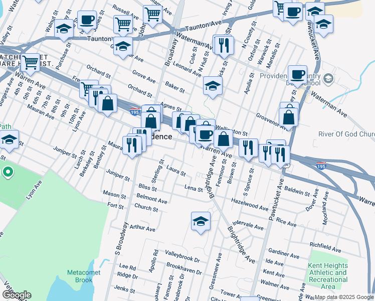 map of restaurants, bars, coffee shops, grocery stores, and more near 14 Donnelly Street in East Providence