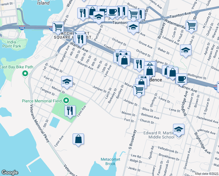 map of restaurants, bars, coffee shops, grocery stores, and more near 37 Larch Street in East Providence