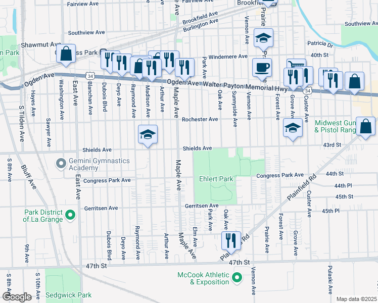 map of restaurants, bars, coffee shops, grocery stores, and more near 4300 Elm Avenue in Brookfield