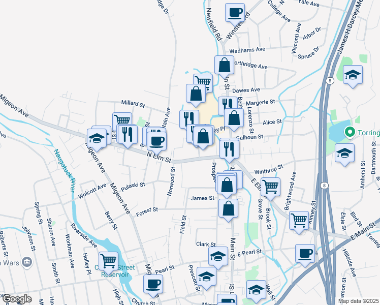 map of restaurants, bars, coffee shops, grocery stores, and more near 120 North Elm Street in Torrington