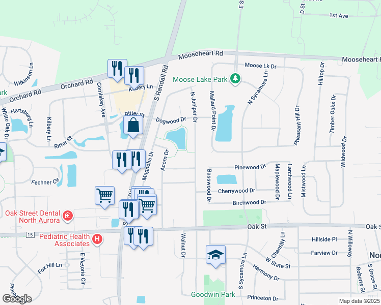 map of restaurants, bars, coffee shops, grocery stores, and more near 360 North Juniper Drive in North Aurora