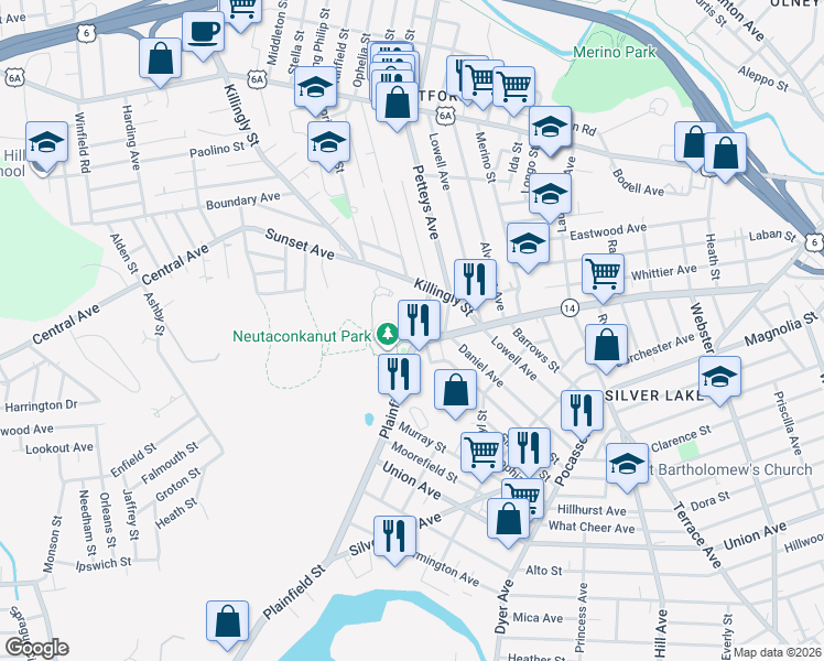 map of restaurants, bars, coffee shops, grocery stores, and more near 40 Duxbury Street in Providence