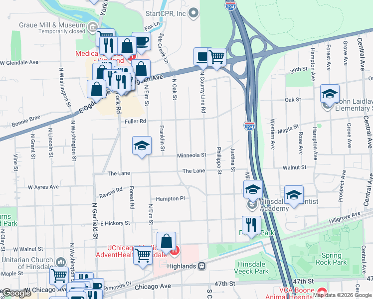 map of restaurants, bars, coffee shops, grocery stores, and more near 532 Jefferson Street in Hinsdale