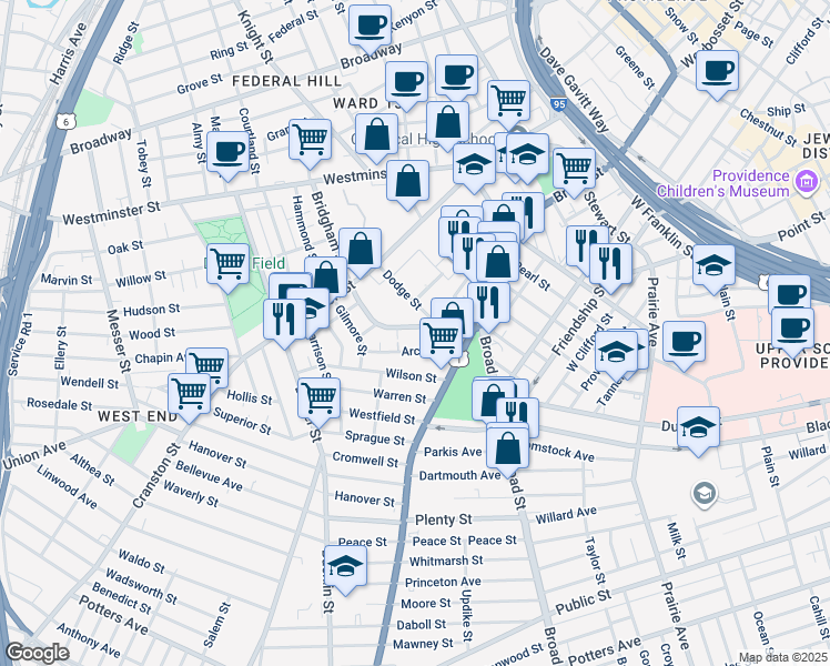 map of restaurants, bars, coffee shops, grocery stores, and more near 38 Bridgham Street in Providence