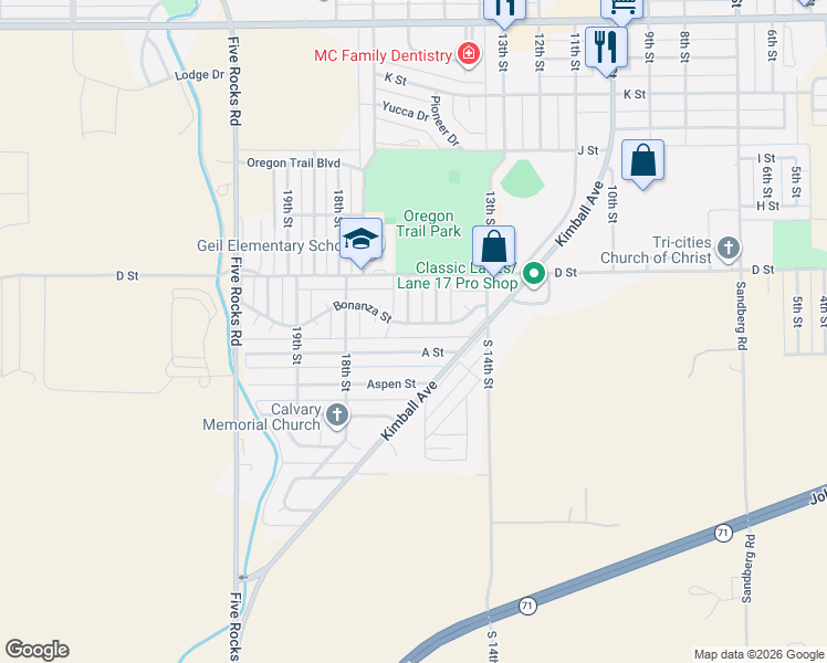 map of restaurants, bars, coffee shops, grocery stores, and more near 1585 Bonanza Street in Gering