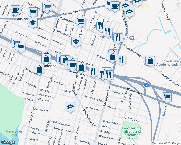 map of restaurants, bars, coffee shops, grocery stores, and more near 51 Abby Street in East Providence