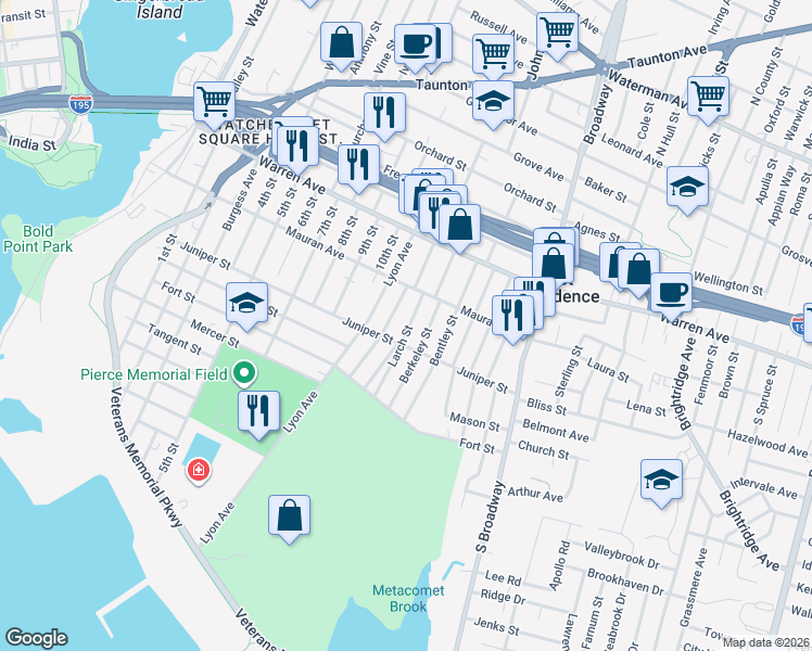 map of restaurants, bars, coffee shops, grocery stores, and more near 37 Larch Street in East Providence