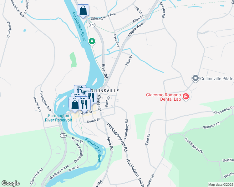 map of restaurants, bars, coffee shops, grocery stores, and more near 25 High Street in Canton