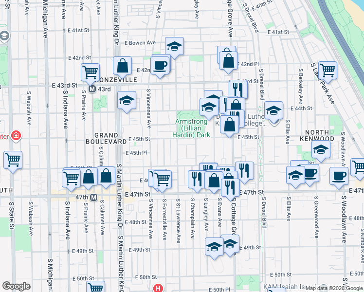 map of restaurants, bars, coffee shops, grocery stores, and more near 4518 South Champlain Avenue in Chicago