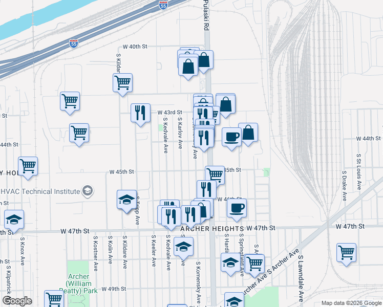 map of restaurants, bars, coffee shops, grocery stores, and more near 4431 South Karlov Avenue in Chicago