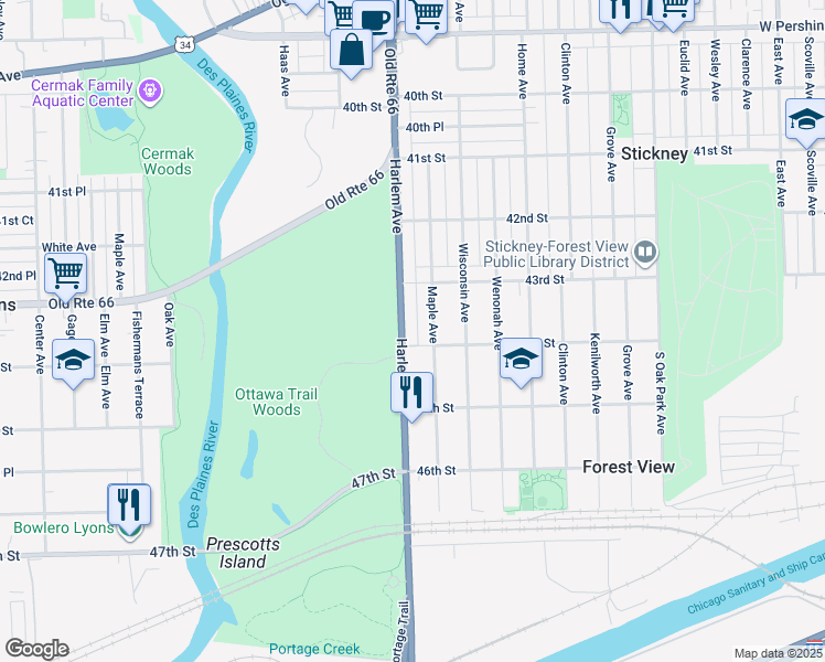 map of restaurants, bars, coffee shops, grocery stores, and more near 4408 South Harlem Avenue in Lyons