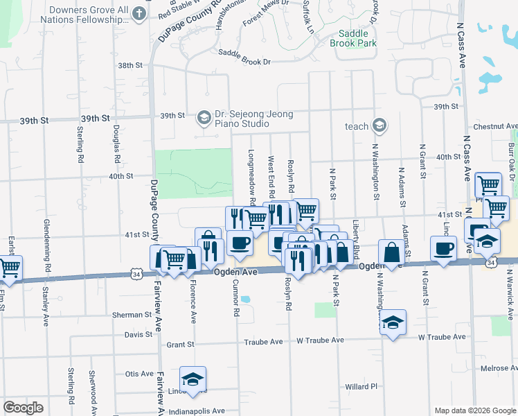 map of restaurants, bars, coffee shops, grocery stores, and more near 4140 West End Road in Downers Grove