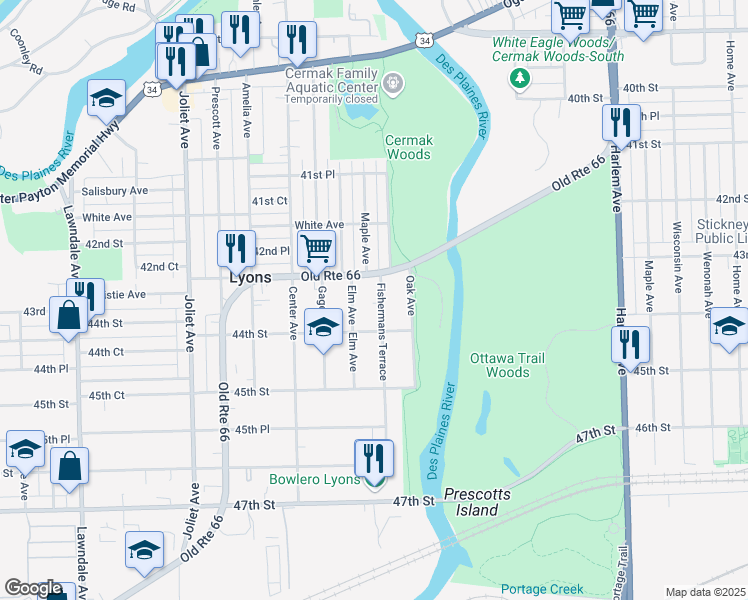 map of restaurants, bars, coffee shops, grocery stores, and more near 4320 Fishermans Terrace in Lyons