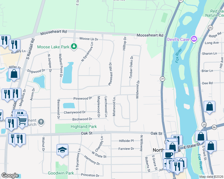 map of restaurants, bars, coffee shops, grocery stores, and more near 381 Pheasant Hill Dr in North Aurora