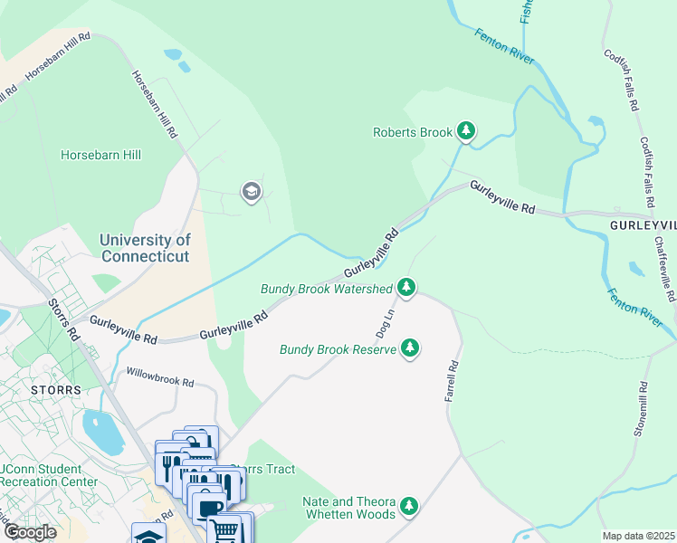 map of restaurants, bars, coffee shops, grocery stores, and more near 141 Gurleyville Road in Mansfield