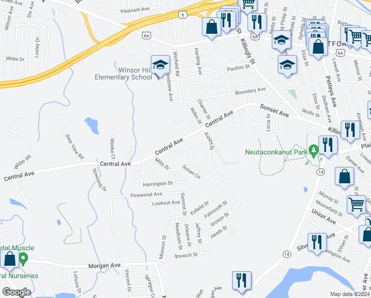 map of restaurants, bars, coffee shops, grocery stores, and more near 37 Susan Circle in Johnston