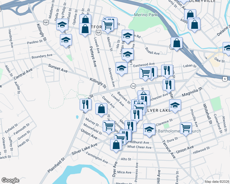 map of restaurants, bars, coffee shops, grocery stores, and more near 141 Lowell Avenue in Providence