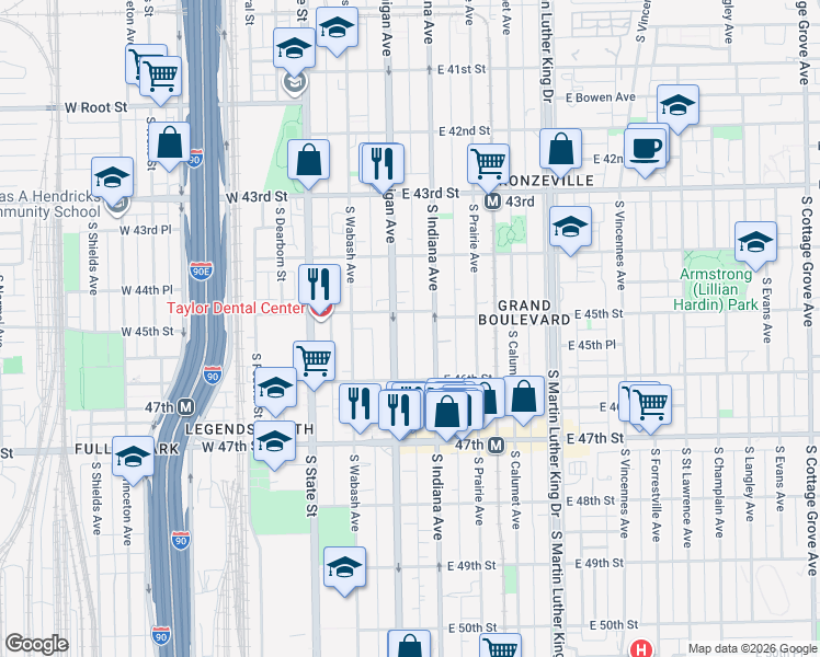 map of restaurants, bars, coffee shops, grocery stores, and more near 4519 South Michigan Avenue in Chicago