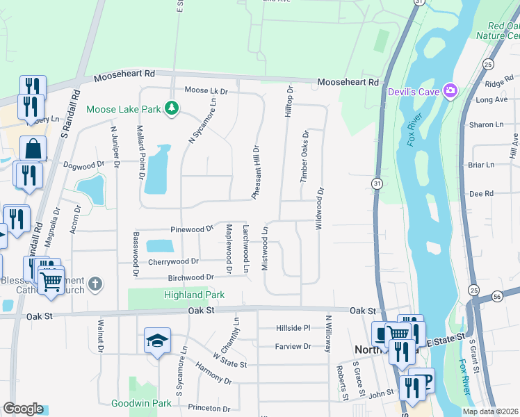 map of restaurants, bars, coffee shops, grocery stores, and more near 381 Pheasant Hill Drive in North Aurora