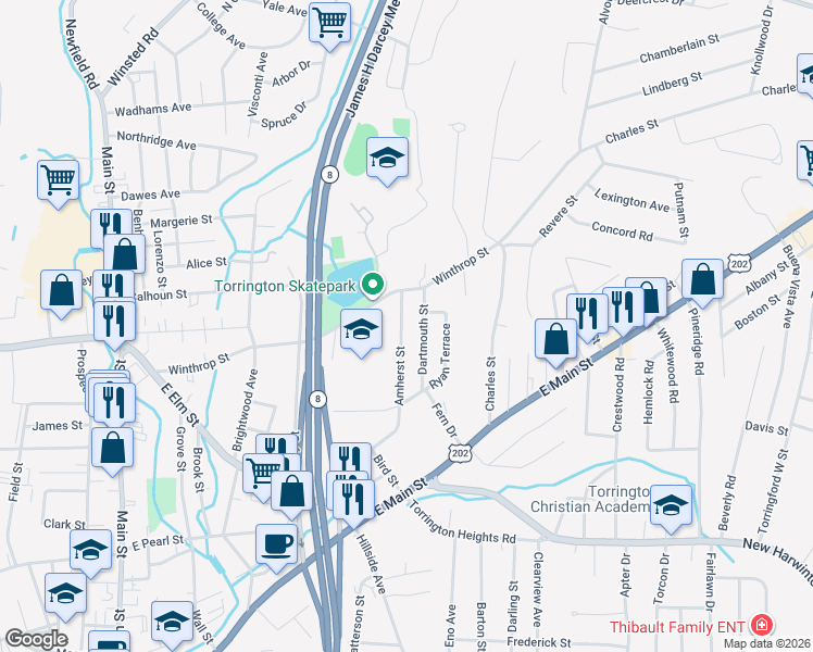 map of restaurants, bars, coffee shops, grocery stores, and more near 49 Amherst Street in Torrington