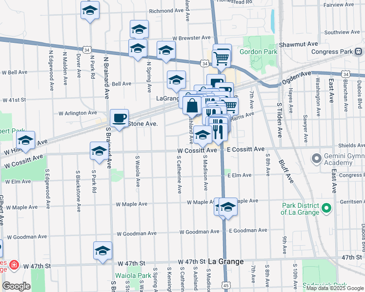 map of restaurants, bars, coffee shops, grocery stores, and more near 17 South Catherine Avenue in La Grange