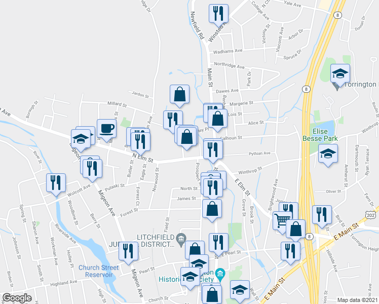 map of restaurants, bars, coffee shops, grocery stores, and more near 90 North Elm Street in Torrington