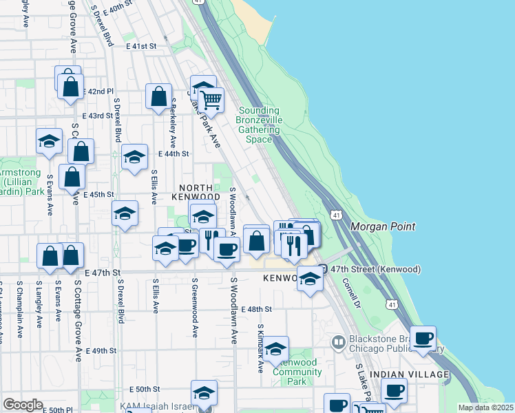 map of restaurants, bars, coffee shops, grocery stores, and more near 4533 South Lake Park Avenue in Chicago