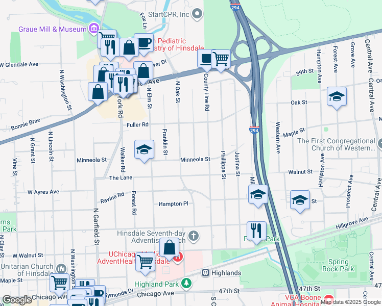 map of restaurants, bars, coffee shops, grocery stores, and more near 536 Jefferson Street in Hinsdale