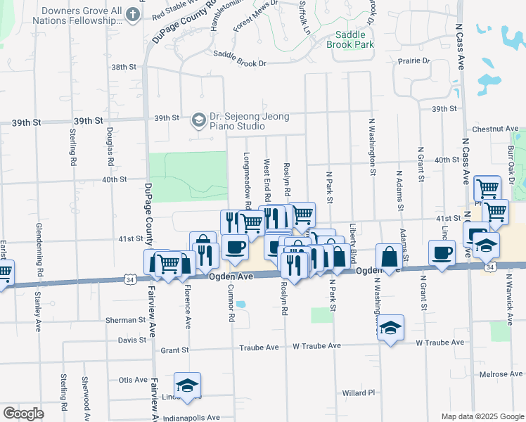 map of restaurants, bars, coffee shops, grocery stores, and more near 4140 West End Road in Downers Grove