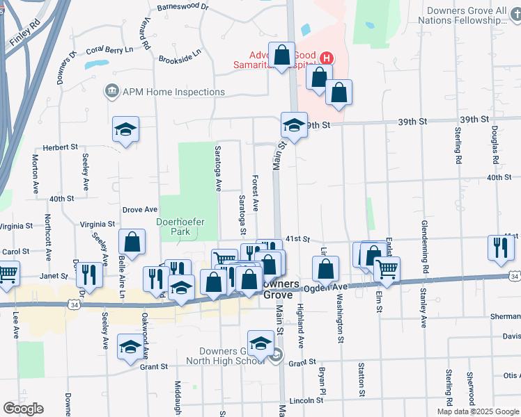 map of restaurants, bars, coffee shops, grocery stores, and more near 4103 Forest Avenue in Downers Grove