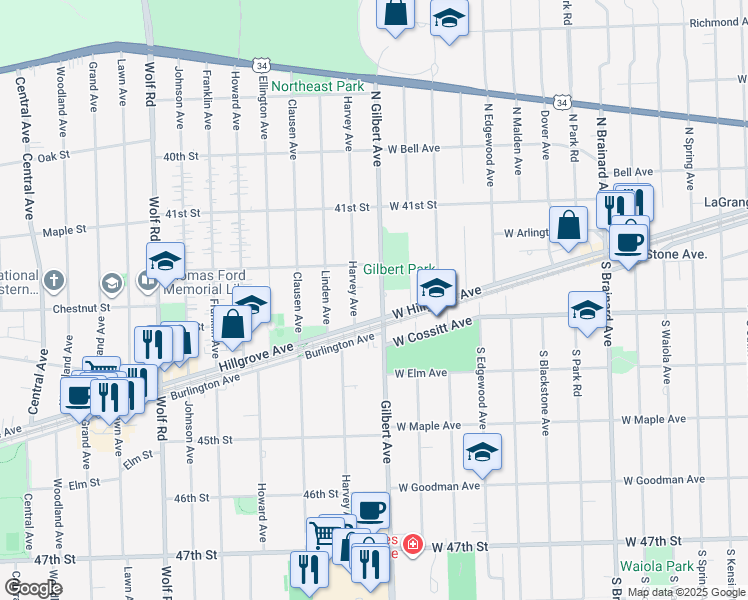 map of restaurants, bars, coffee shops, grocery stores, and more near 4232 Gilbert Avenue in Western Springs
