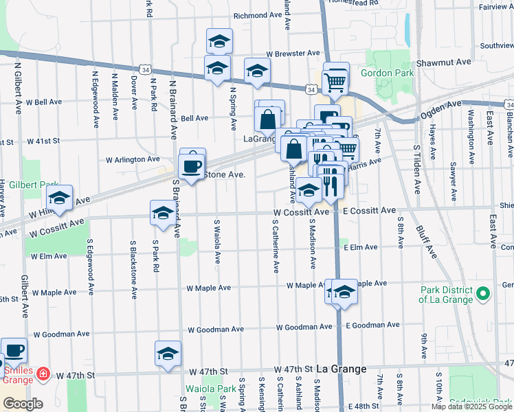 map of restaurants, bars, coffee shops, grocery stores, and more near 61 South Kensington Avenue in La Grange