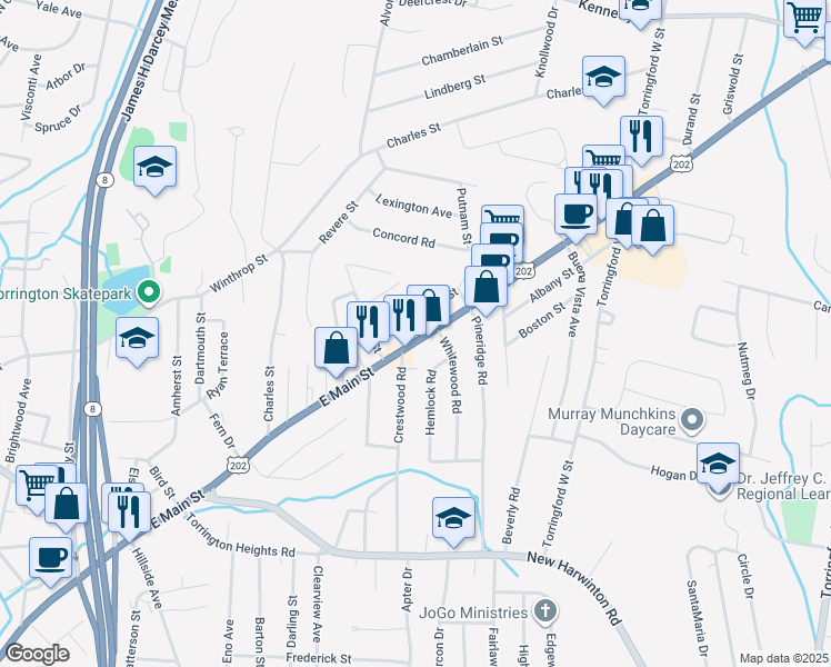map of restaurants, bars, coffee shops, grocery stores, and more near 927 East Main Street in Torrington