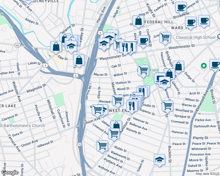 map of restaurants, bars, coffee shops, grocery stores, and more near 113 Wood Street in Providence