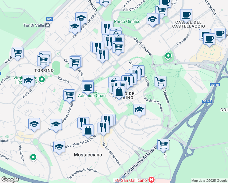 map of restaurants, bars, coffee shops, grocery stores, and more near 111 Via dell'Orsa Minore in Roma