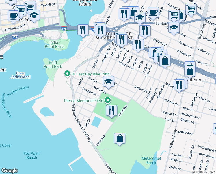 map of restaurants, bars, coffee shops, grocery stores, and more near 104 Fort Street in East Providence