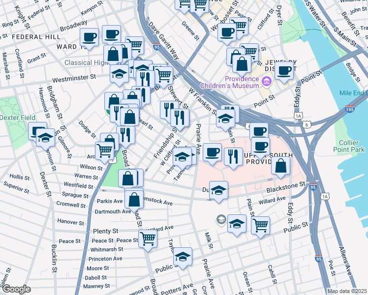 map of restaurants, bars, coffee shops, grocery stores, and more near 159 Pearl Street in Providence