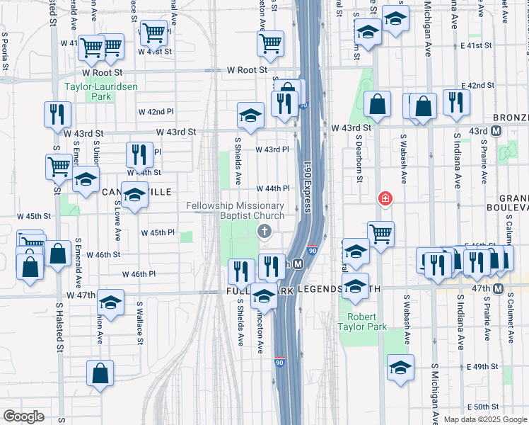 map of restaurants, bars, coffee shops, grocery stores, and more near 4467 South Princeton Avenue in Chicago