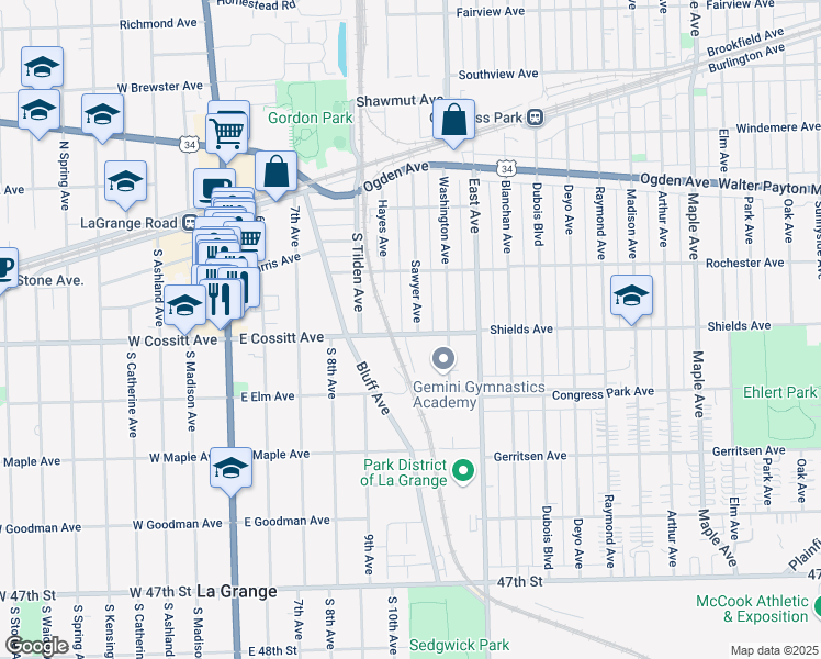 map of restaurants, bars, coffee shops, grocery stores, and more near 500 East Cossitt Avenue in La Grange