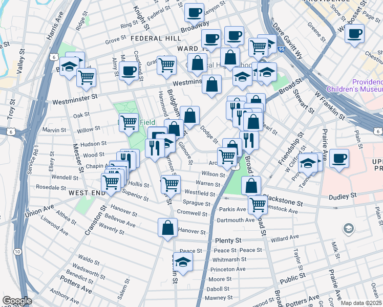 map of restaurants, bars, coffee shops, grocery stores, and more near 31 Gilmore Street in Providence